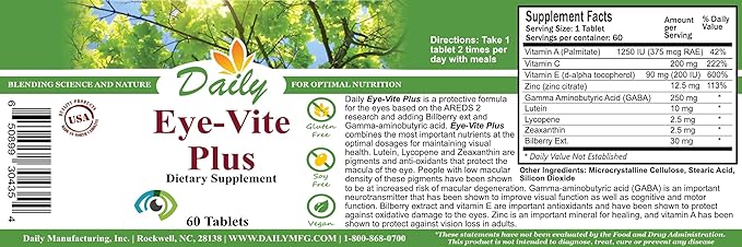 Daily Manufacturing Eye-Vite Plus™ (Vitamin's A, C, E, Zinc, Gamma Aminobutyric Acid (GABA), Lutein, Zeaxanthin & Bilberry)