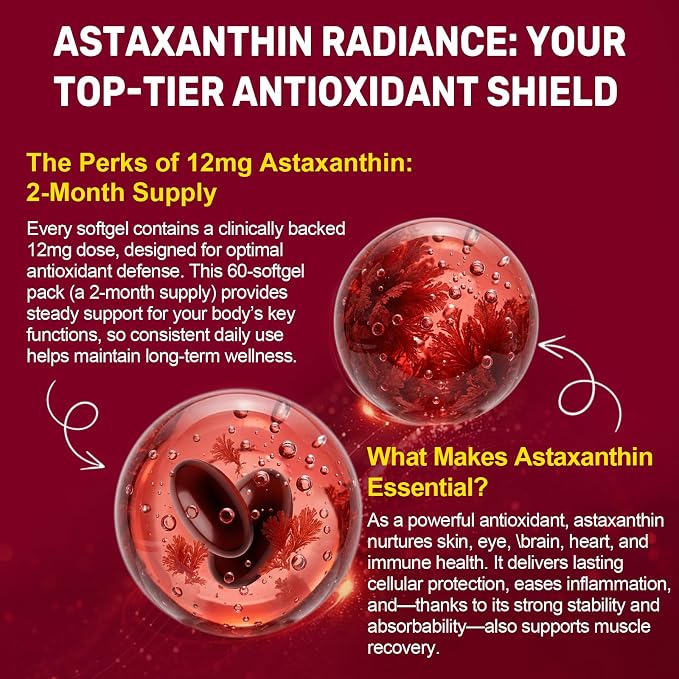 BEWORD Astaxanthin 12mg with MCT Oil, 120 Softgels 4-Month Supply | Premium Antioxidant Supplements | Natural Microalgae, Triple Strength | Supports Skin & Eye Health | Non-GMO, Gluten & Soy-Free