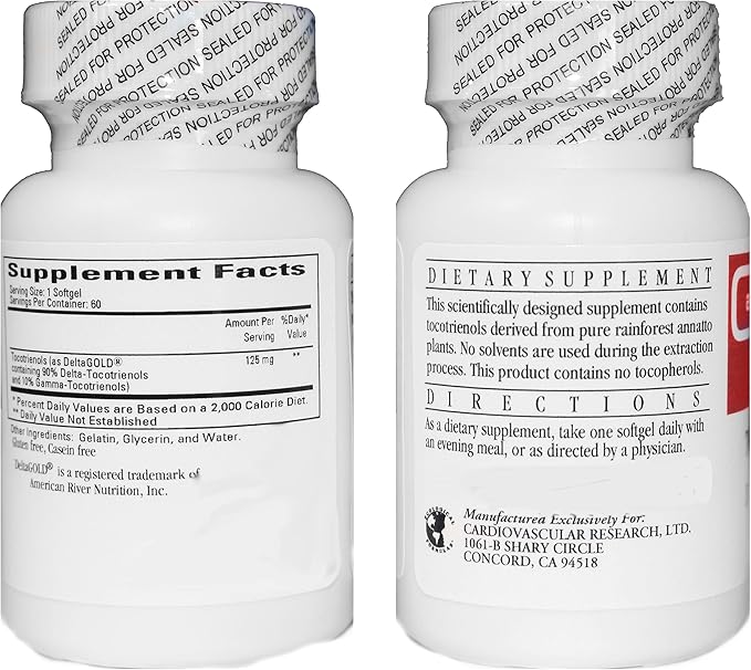 Cardiovascular Research 120 Softgels 125 mg Vitamin E Annatto Tocotrienols Pure DeltaGOLD, 90% Delta and 10% Gamma, 2 Bottles 60 Soft Gels Each (ANNATOC)