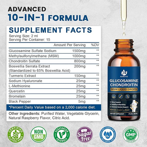 (2 Pack) Glucosamine Chondroitin MSM Liquid Drops, High Absorption, Antioxidant, Immune, Bone Support, MSM Supplement for Men & Women, Vegan, Sugar-Free, Raspberry Flavor, 1 Fl Oz