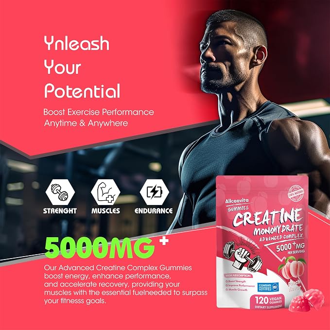 Allcoovita Creatine Monohydrate Gummies 5g for Men & Women. Boost Focus,Strength, and Endurance, Anti-Melting Formula, Vegan, Gluten-Free, Non-GMO,(Peach 120 ct)