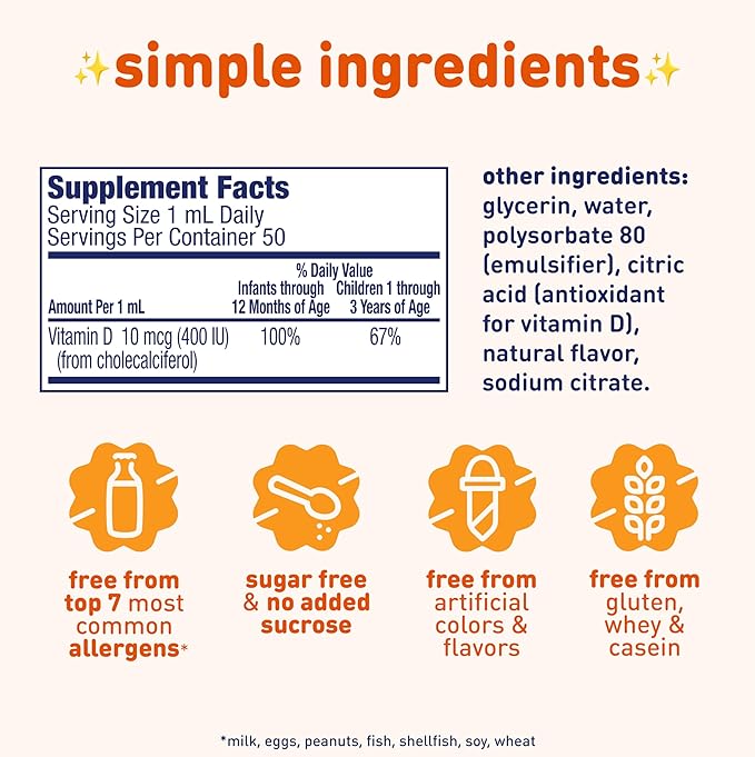 Enfamil Baby Vitamin D-Vi-Sol Vitamin D Liquid Supplement Drops for Infants, Supporting Strong Teeth & Bones in Newborn Babies, Easy-to-Use, Gluten-Free, 50 mL Dropper Bottle, Pack of 3