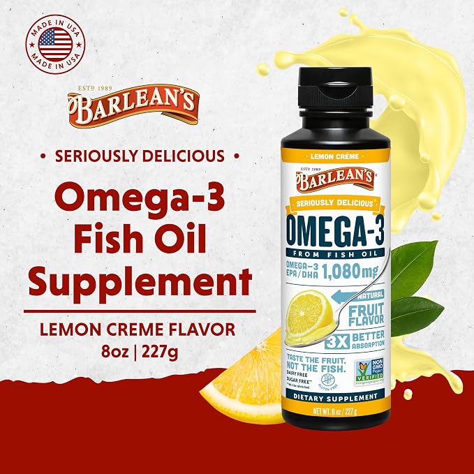 Barlean's Omega 3 Fish Oil Liquid Supplement for Men and Women, 1080mg of EPA and DHA Fatty Acid, Promotes Brain & Heart Health - Non-GMO, Lemon Crème, 8 oz