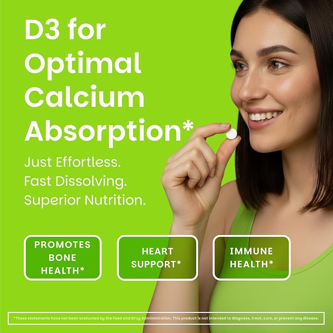 EZ Melts Dissolvable Vitamin D3 5,000 IU - Vegan Vitamin D Supplement for Bone & Teeth Support - No Artificial Flavors - Plant-Based & Non-GMO - Green Apple - 180 Dissolvable Tablets (180 Servings)