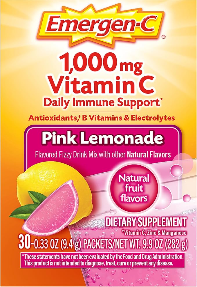 Emergen-C 1000mg Vitamin C Immune Support Powder Pink Lemonade 30CT includes Zinc, Manganese, 7 B Vitamins and Electrolytes for Back to School Essentials
