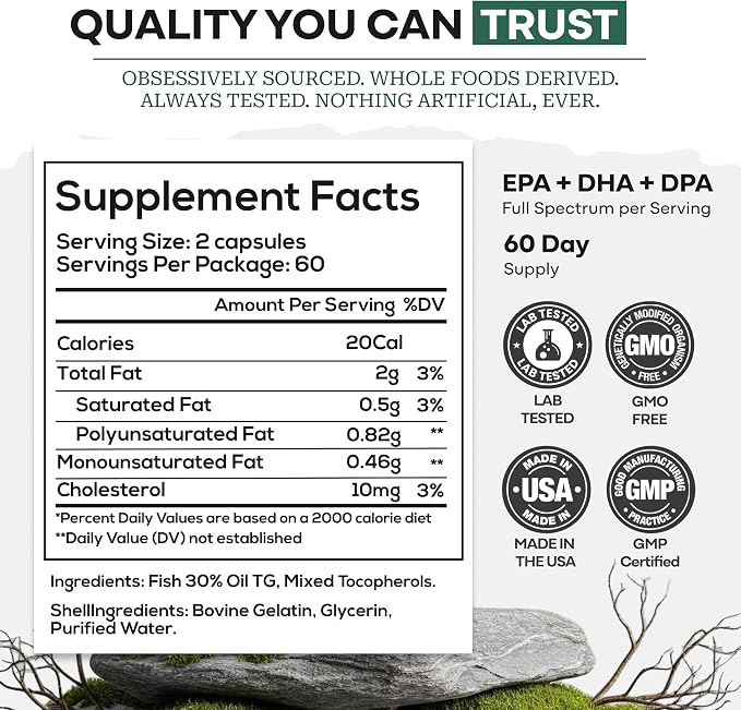 Wild Foods Omega 3 Fish Oil Supplement, 120 Capsules (1 pk) | Wild Caught, Burpless, Odorless, Non-GMO, Gluten Free | DPA, DHA, EPA Triple Strength Heart & Joint Nutrition for Women & Men