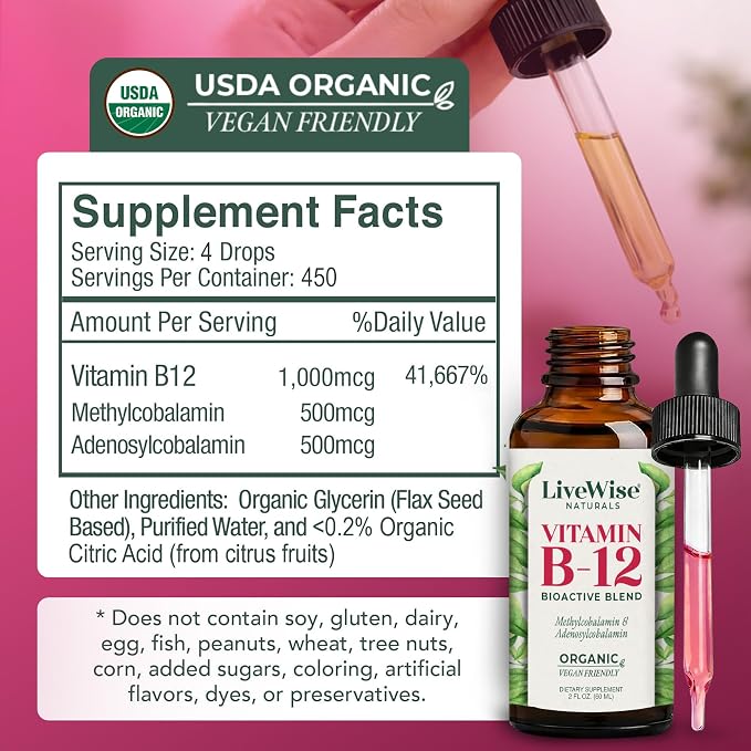 Organic Vitamin B12 1000 mcg Sublingual Liquid Drops For Adults, 1 Year+ Supply - 2 oz, Methylcobalamin & Adenosylcobalamin - Bioactive Blend for Energy, Clarity & Focus - Vegan, Non-GMO, Unflavored