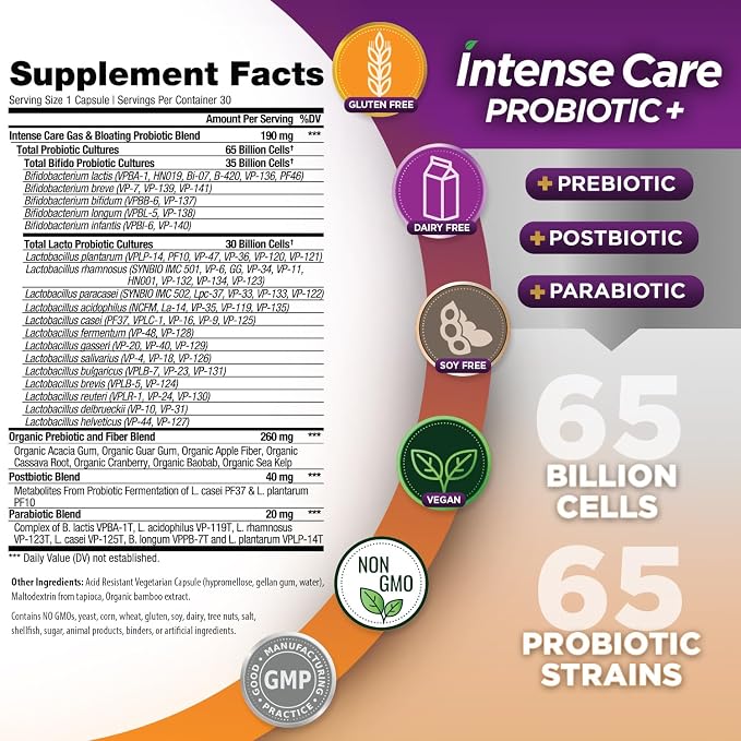 Vital Planet - Intense Care Gas & Bloating Probiotics Plus Organic Prebiotics, Postbiotics, Parabiotics, Complete 4-in-1 Supplement for Adults, 65 Billion CFU, 65 Strains, Digestive and Immune 30 ct