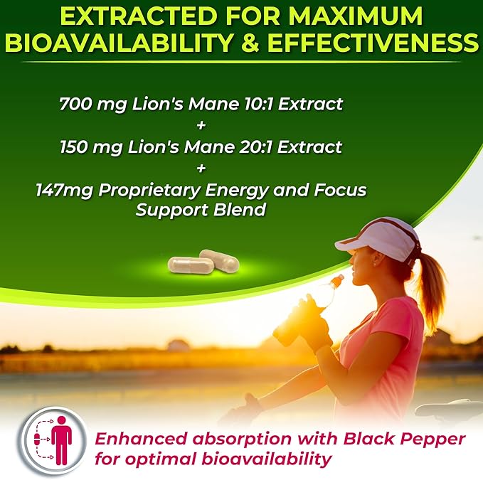Organic Lion's Mane Supplement Capsules - Contains Naturally Occurring Beta Glucans & Polysaccharides, Enhanced with Organic Energy & Focus Support Blend: Cordyceps, Rhodiola Rosea, Ginseng, 120 Count