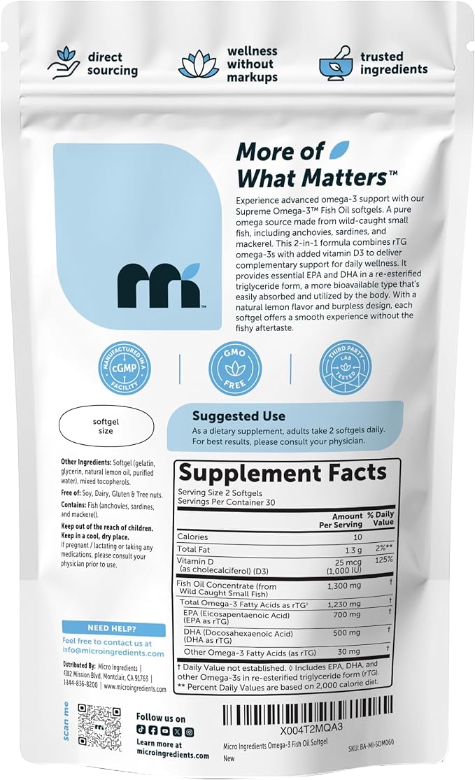 Micro Ingredients Supreme Omega-3 Fish Oil w/Ultra High EPA & DHA, Burpless Softgels | rTG Omega-3 with Vitamin D3 | Wild-Caught Cold Deep-Sea Fish | Lemon Flavor, Easy to Swallow, 60ct