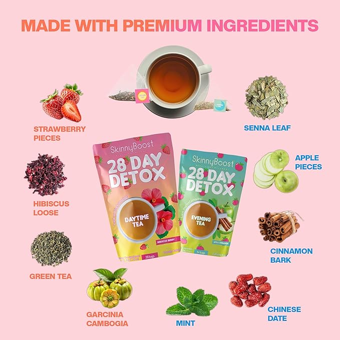 Skinny Boost Detox Tea Kit Slimming Tea for Weight, Metabolism, Energy, Bloating & Colon Cleanse – Green Tea, Herbal, Vegan, Keto, Non-GMO, Sugar-Free-2 PACK –1 Daytime Hibiscus (28 Bags) + 1 Evening Apple -(14 Bags)