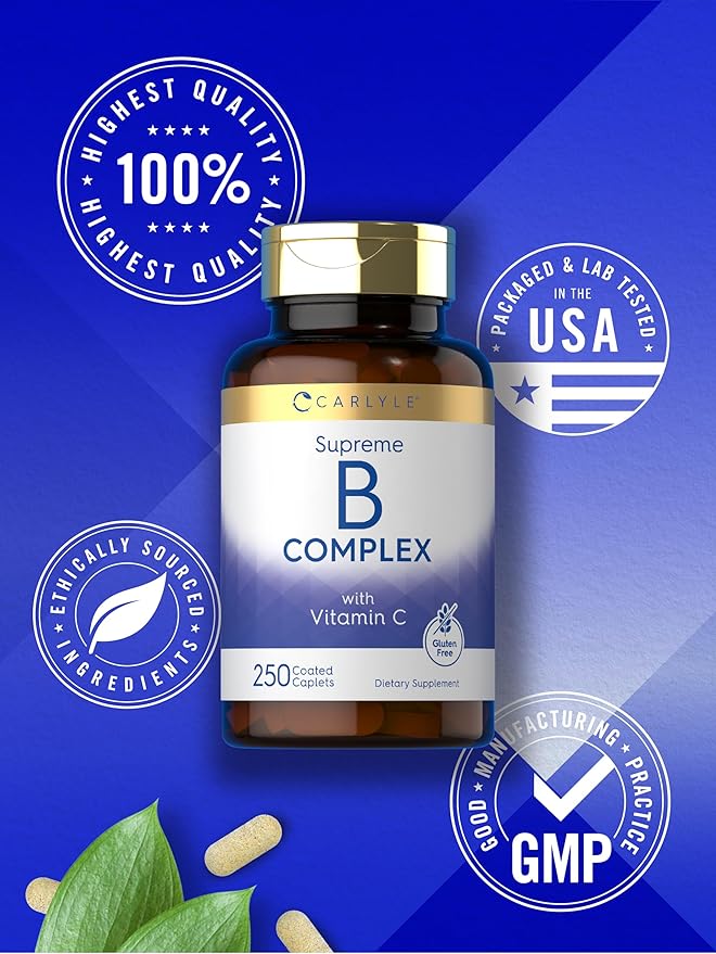 Carlyle Vitamin B Complex for Women and Men | 250 Caplets | with Vitamin C | Vegetarian, Non-GMO, and Gluten Free Supplement