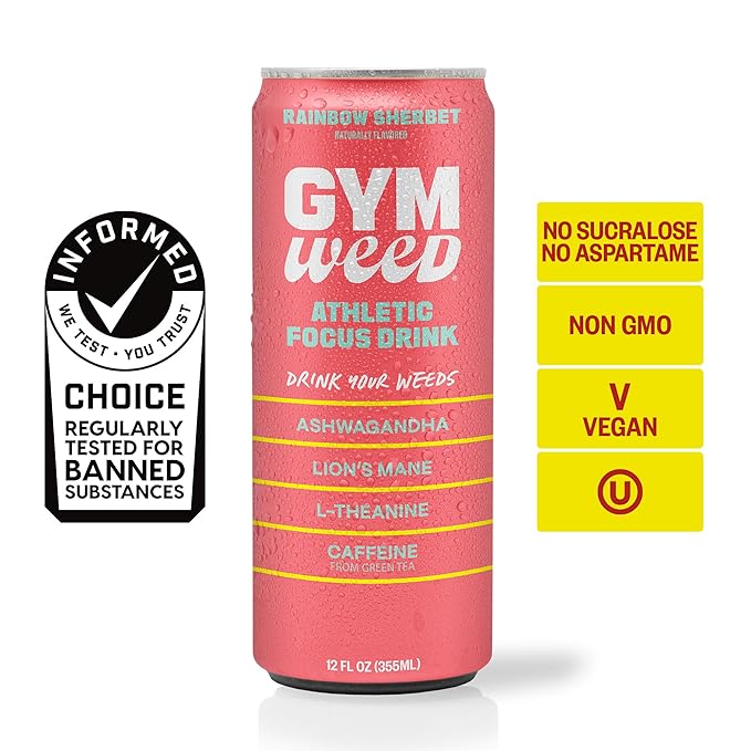 GYM WEED Athletic Focus Drink with KSM-66 Ashwagandha, Lion's Mane Mushroom, L-Theanine, 200mg Green Tea Caffeine with Natural Sweeteners Sour and Sweet Variety of Flavors, 12 Pack