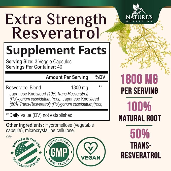 Resveratrol Supplement - 1800mg Per Serving Extra Strength Resveratrol Blend - Antioxidant Blend for Healthy Aging, Heart Health, Cellular Energy & Immune Support - Bottled in USA - 120 Capsules