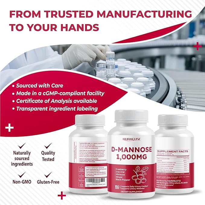D-Mannose with Cranberry, Uva Ursi, Hibiscus, Ginger, Black Pepper - Supports Urinary Tract Health, Bladder Cleanse