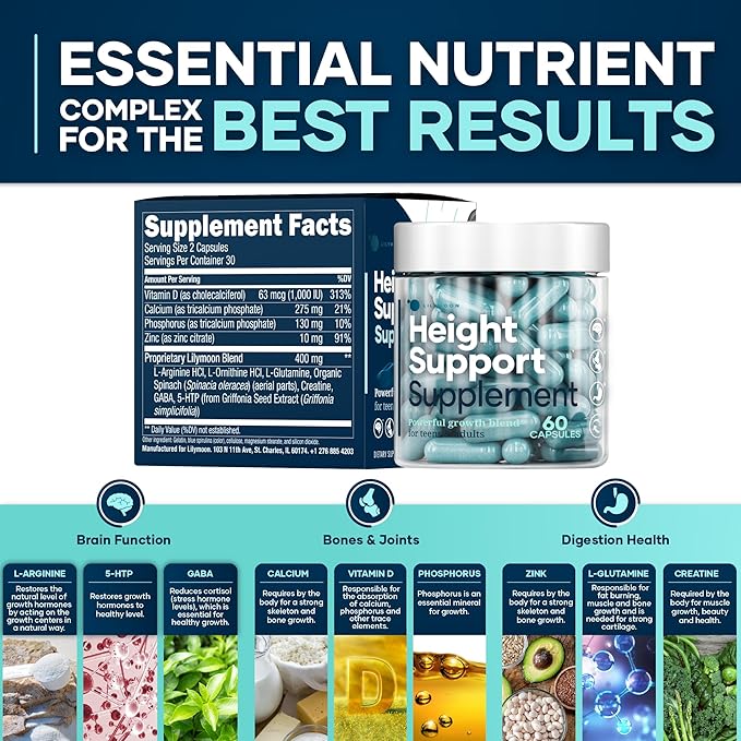 Height & Bone Support Supplement - Premium Height Growth Supplement for Kids & Teens with Calcium - Nutritional Support Bone Health Formula - Height Increase Essential Vitamins - 60 Caps