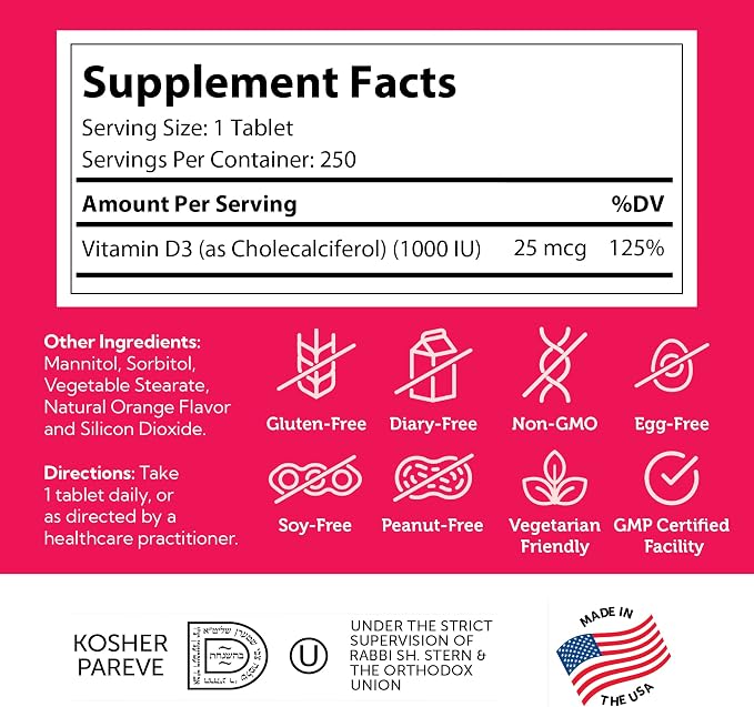 Zahler Junior D3 Vitamins 1000 IU - Chewable Vitamin D3 for Kids to Support Bone, Teeth & Immune Health - Kosher Kids Orange Flavor - 250 Count.