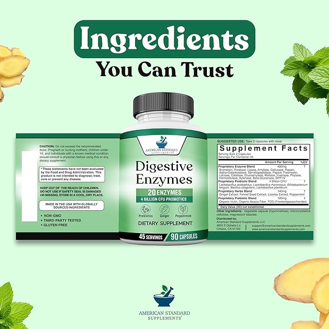 American Standard Supplements Digestive Enzymes Plus Probiotics & Prebiotics, 90 Veggie Capsules, for Digestion with Amylase, Bromelain, Papain, Lipase, Lactase, Protease, Papain, Cellulase