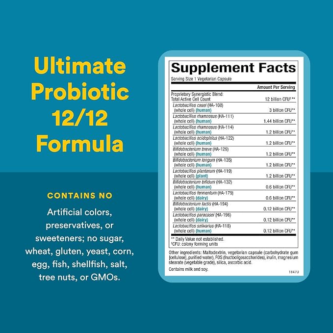 Natural Factors Ultimate Probiotic 12/12 Formula - Digestive Health Support Supplement with Probiotics - Immunity & Gut Health Support Supplement - 120 Vegetarian Capsules (120 Servings)