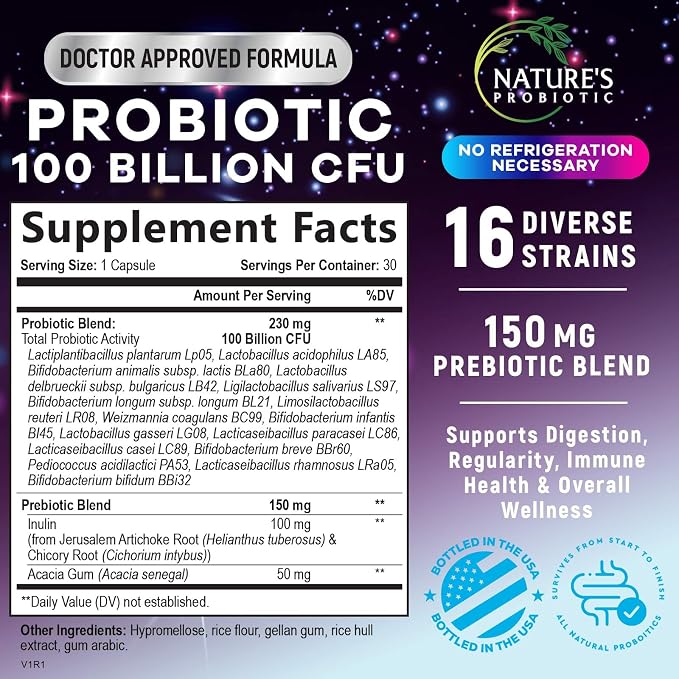 Probiotics for Digestive Health - Probiotic Blend 100 Billion CFU Per Capsule - 16 Premium Strains & Prebiotics for Women & Men, Occasional Constipation, Gas, Gut, Immune Health Support - 30 Capsules