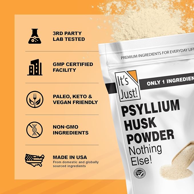 It's Just! - Psyllium Husk Powder, Easy Mixing Dietary Fiber, Cleanse Your Digestive System, Finely Ground Powder, Ideal for Keto Baking, Non-GMO (Unflavored, 24oz (Pack of 1))