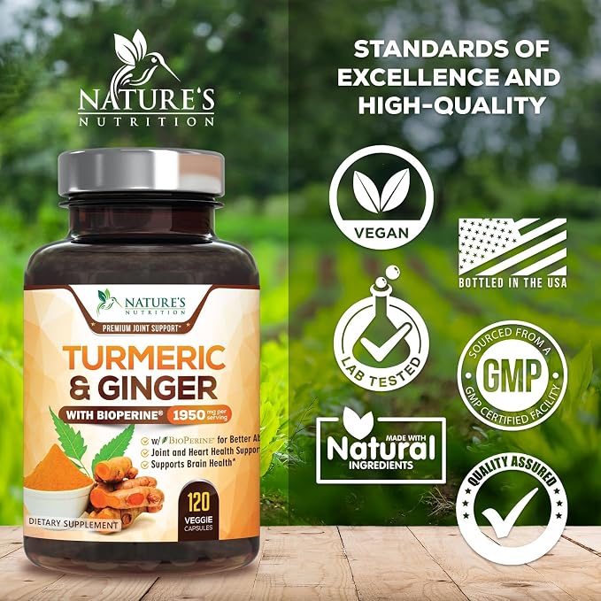 Turmeric Curcumin Supplement - 95% Curcuminoids with Organic Turmeric & Ginger, BioPerine Black Pepper Extract for Best Absorption, Natural Vegan Joint Support, Non-GMO, Bottled in USA - 120 Capsules