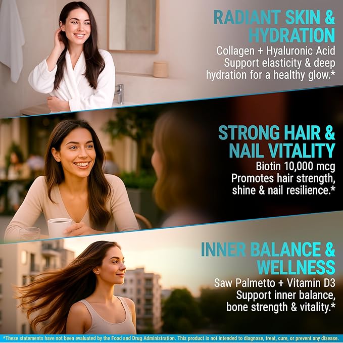 Liquid Biotin for Hair Growth Women & Men 10000mcg | Biotin and Collagen Supplements with Saw Palmetto & Hyaluronic Acid | Biotin Drops for Hair Growth with Vitamin D3 for Hair Skin and Nails