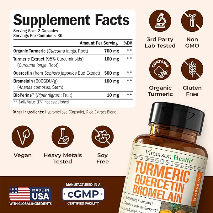 Quercetin with Bromelain Turmeric Curcumin Supplement – Allergy Relief, Immune & Joint Support – Organic Turmeric Supplement w/Bioperine for Enhanced Absorption, 60 Quercetin 500mg Capsules