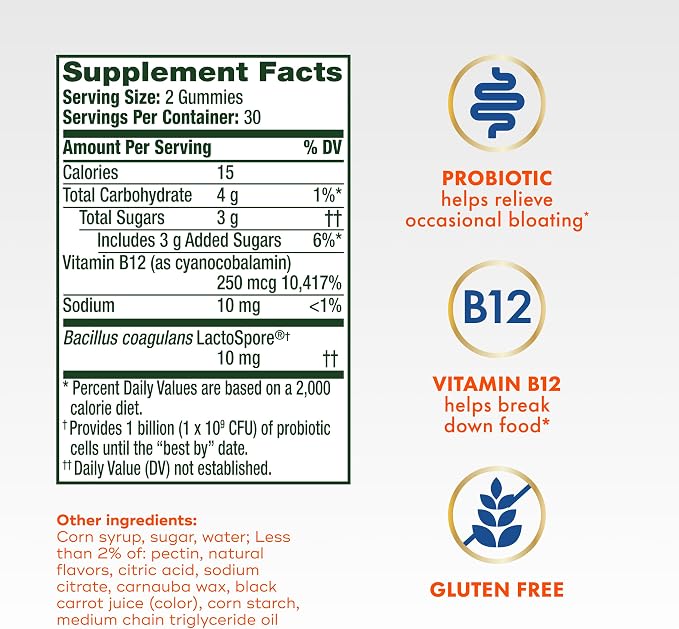 Align Probiotic, Bloating Relief + Food Digestion, Probiotics for Women and Men, Probiotic Helps Soothe Occasional Bloating*, With Vitamin B12 to Help Break Down Food into Cellular Energy*,60 Gummies