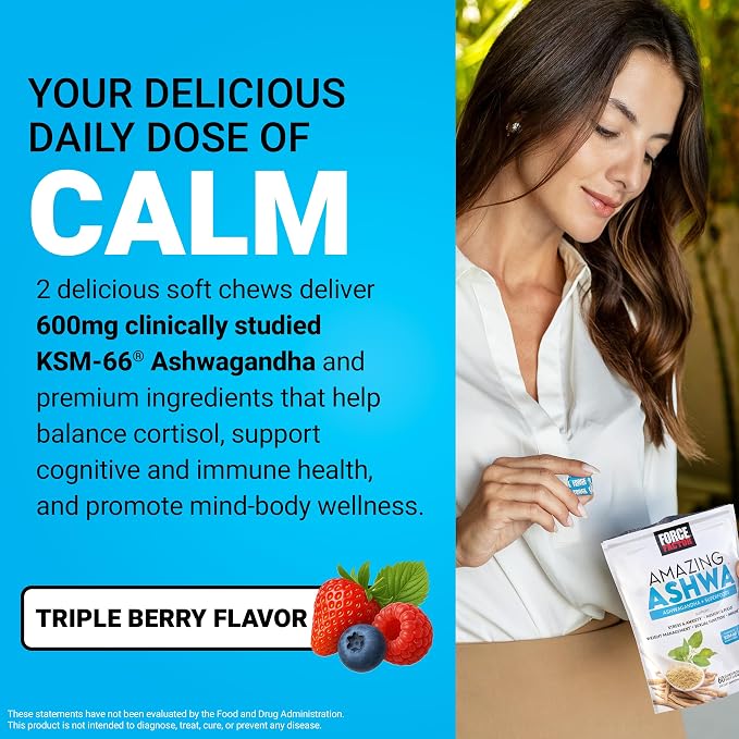 Force Factor Amazing Ashwa Supplement, 180 Soft Chews | Stress Relief, Memory & Focus Support, Immune Support, KSM-66 Ashwagandha
