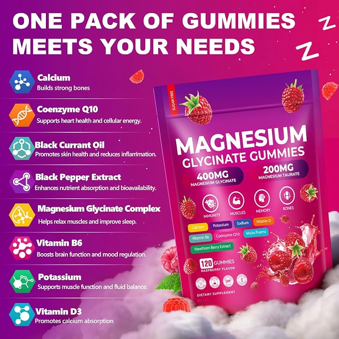 CNFHDI Magnesium Glycinate Gummies 600mg, 120 Counts Chews Sugar Free Magnesium Gummies for Adults & Kids with L-Threonate, Calcium, Zinc & CQ10, Potassium Supplements for Zzz, Brain, Muscle & Relax