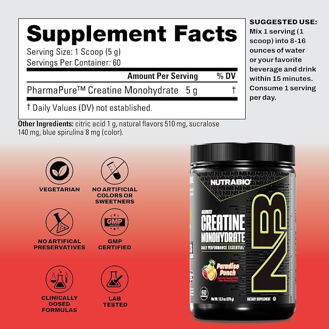 NutraBio Pure Micronized Creatine Monohydrate Powder Supplement,Paradise Punch,(300g)-Supports Bulk Muscle Energy, Recovery, and Strength-HPLC Tested Creatine Powder Supplement for Men and Women