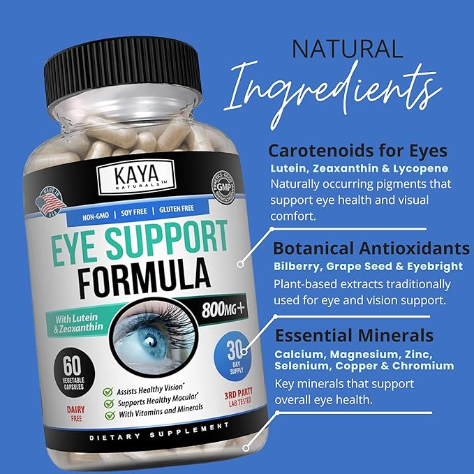 Kaya Naturals Eye Health Supplement - Lutein & Zeaxanthin - Supports Eye Strain, Dry Eyes, and Vision Health - Clinically Proven Ingredients 800mg Vitamin Supplement - 60 Count