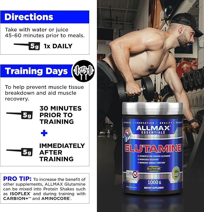 ALLMAX L Glutamine Powder 100g, Fermented L-Glutamine Powder Pure, Unflavored Glutamine Supplement for Gut Health, Recovery & Immune Support, Vegan, Gluten Free