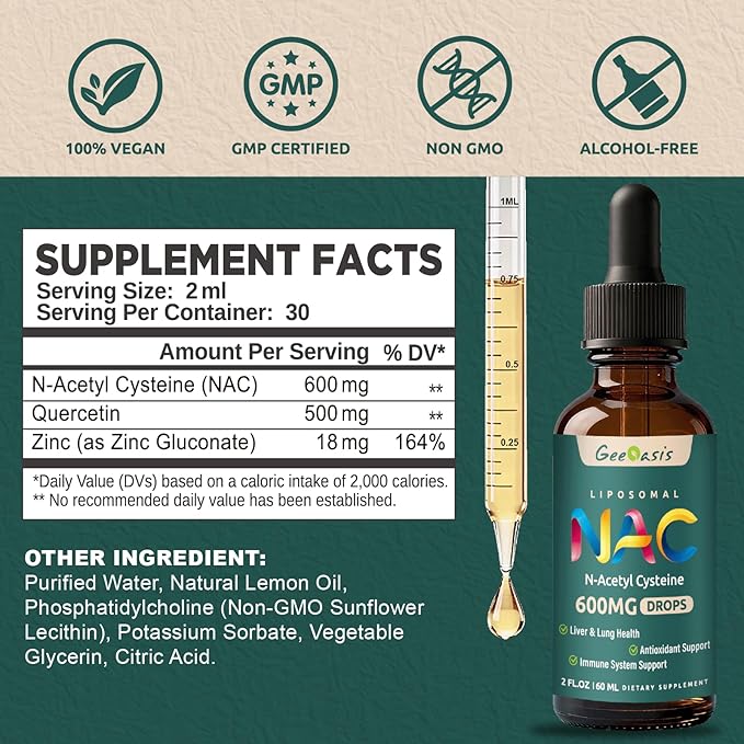 Liposomal Liquid NAC Supplement N-Acetyl Cysteine Drops, N Acetyl Cysteine 600 mg with Quercetin & Zinc for Adults & Kids, Liver & Lung Support, Antioxidant, Immune & Skin Health, 2 Fl Oz