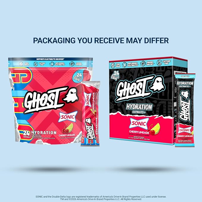 GHOST Hydration Sticks, Electrolyte Powder Packets, Sonic Cherry Limeade - 24 Sugar Free Instant Electrolyte Drink Mix - Caffeine-Free Daily Hydration & Immune Support with Clean Formula