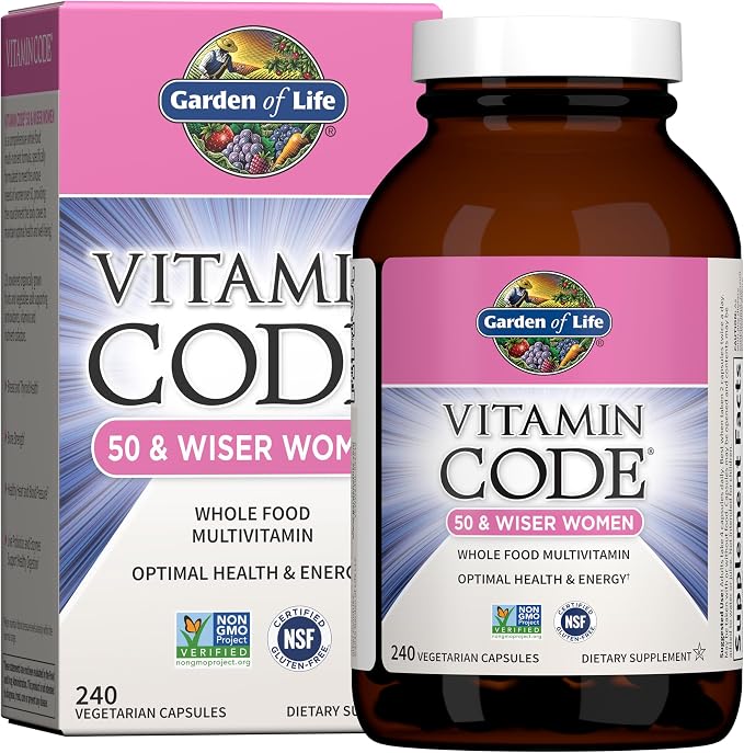 Garden of Life Vitamin Code Multivitamin for Women 50 & Over, 240 Capsules, for Women 50 Plus with B Vitamins, Vitamins A, C, D3, E & K, CoQ10, Probiotics & Enzymes