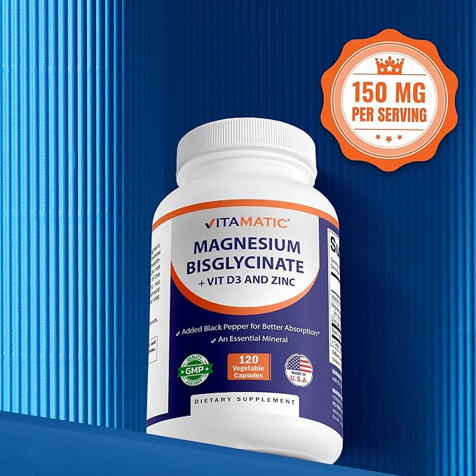 Vitamatic Magnesium (from Bisglycinate & Oxide) with Vitamin D3 & Zinc - 120 Veg Capsules - Supports Muscle, Joint, Nerve & Heart Health – Non-GMO, Gluten-Free