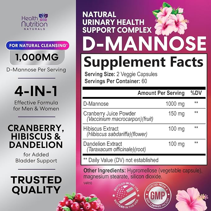 D-Mannose Supplement - 1,000mg D Mannose Per Serving with Cranberry, Hibiscus & Dandelion - Fast-Acting, Natural Urinary & Bladder Support for Women & Men – Flush & Cleanse Impurities – 120 Capsules