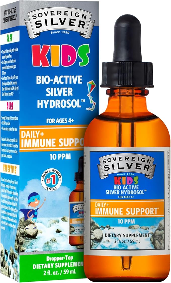 Sovereign Silver Kids Immune Support - Colloidal Silver, Bio-Active Silver Hydrosol, 10 ppm, Liquid Dropper, 2 Fl Oz, (59 mL)