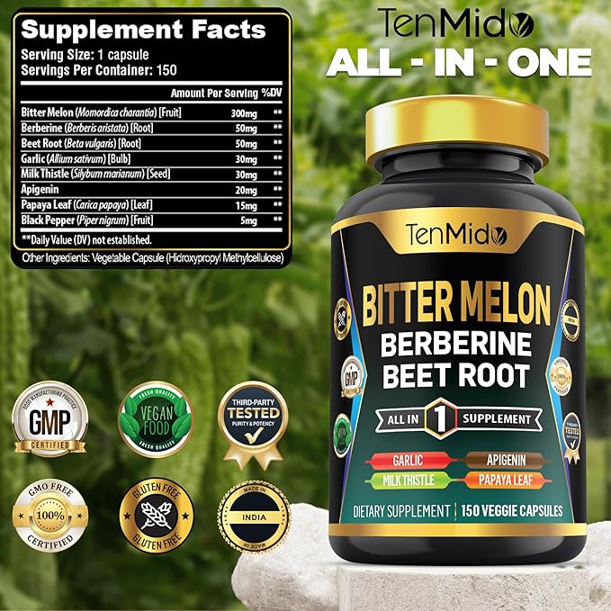 Bitter Melon Capsules - 8in1 Formula - Combine with Berberine, Beet Root, Garlic, Milk Thistle, Apigenin, Papaya Leaf, and Black Pepper - 150 Vegan Capsules for 5 Months Supply