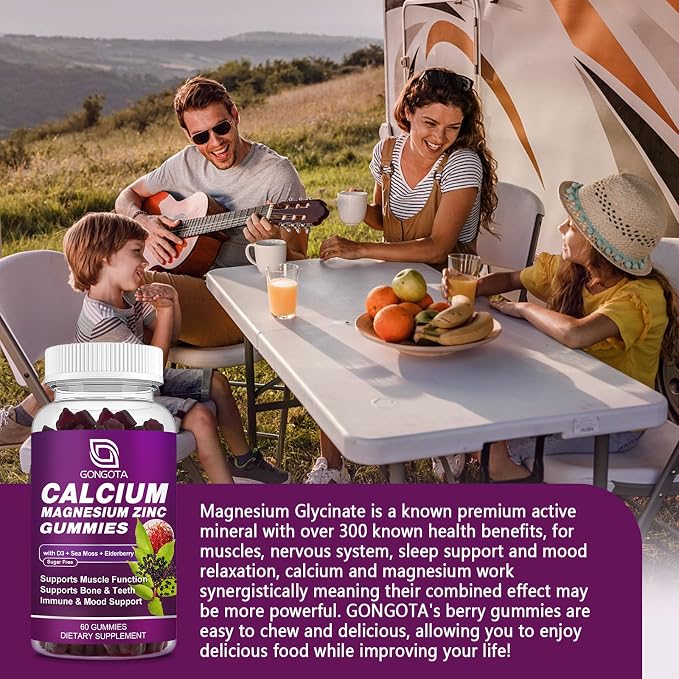 Calcium Magnesium Zinc with Vitamin D3 Supplement, Highly Absorbent Calcium Gummies with 300mg Magnesium glycinate Support Bone & Teeth, Muscle for Adults and Teens,Sugar Free, Vegan - 60 Count