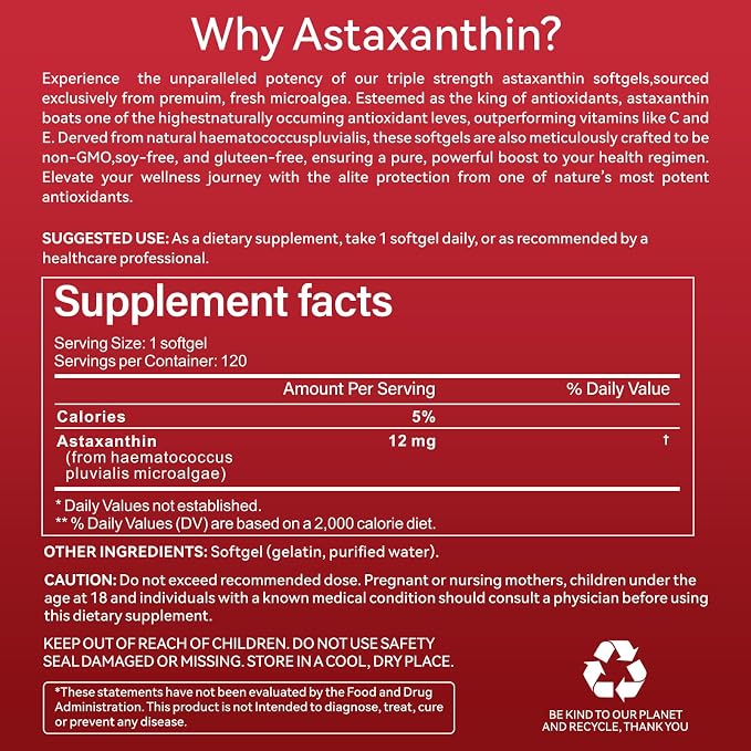 Astaxanthin 12mg, 120 Softgels, Premium Astaxanthin Antioxidant Supplements with Antioxidant Activity, Supports Eye, Skin Health, Immune, Internal Circulation