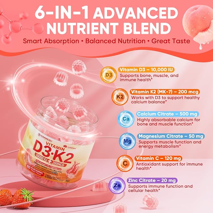 Vitamin D3 K2 Filled Gummies 5000IU / 10,000 IU with 500mg Calcium + K2(MK-7) 200mcg, Magnesium, Vitamin C & Zinc, Extra Strength - Ultimate Absorbency for Bones Muscles Teeth, Vegan -- Pack of 2