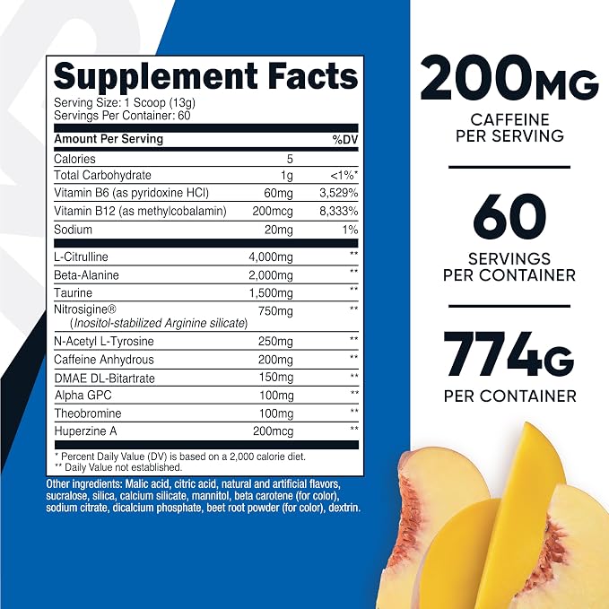 Nutricost Pre-Workout Complex Powder (60 Servings, Peach Mango) - Pre-Workout Supplement with Beta-Alanine, Taurine & Amino Acids