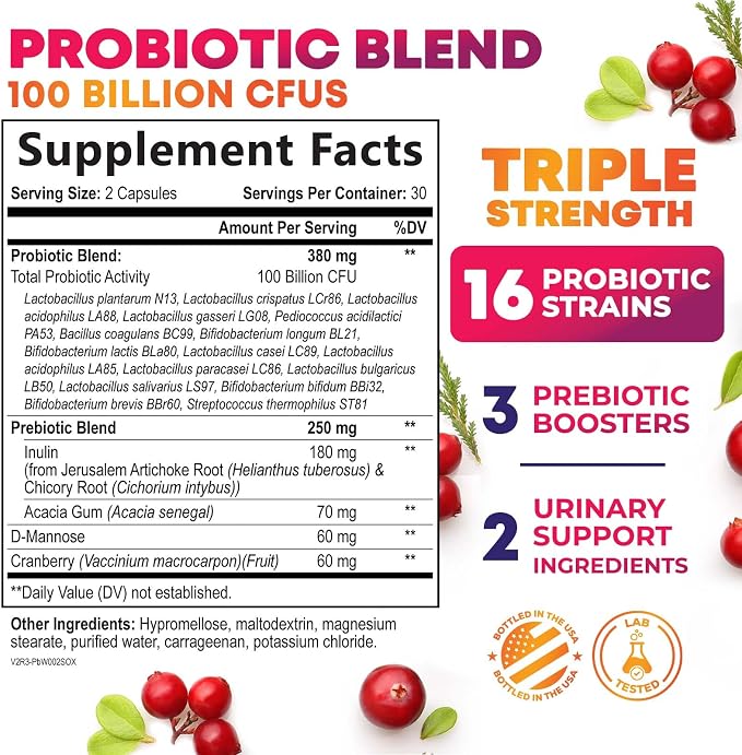 Probiotics for Women - Probiotic Blend 100 Billion CFU Per Serving - Women's Probiotic for Targeted Vaginal & Digestive Health Support - 16 Strains, Cranberry, Prebiotics - Bottled USA - 60 Capsules