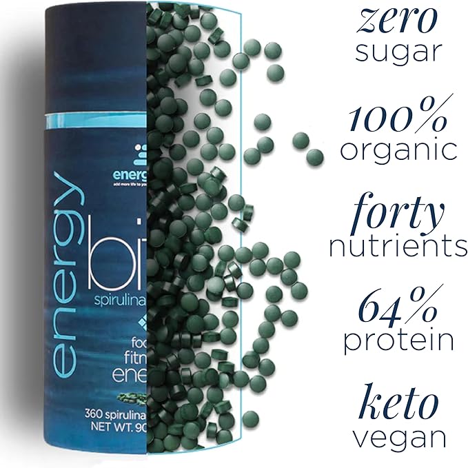 ENERGYBITS - Organic Spirulina Tablets - Plant-Based Algae Superfood - for Focus, Fitness, Energy - Plant Protein - Gluten Free - Collagen, Vitamin B12, Omega 3 - Keto & Vegan - 1000 Algae Tablets