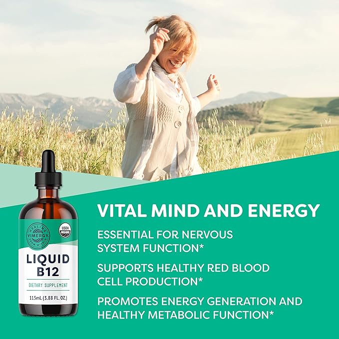 Vimergy USDA Organic Liquid Vitamin B12 Supplement 2500 mcg, Methylcobalamin & Adenosylcobalamin Fast-Absorbing Energy Support, Vegan, Non-GMO B12 Vitamins for Women & Men 115 Serving (115 mL)