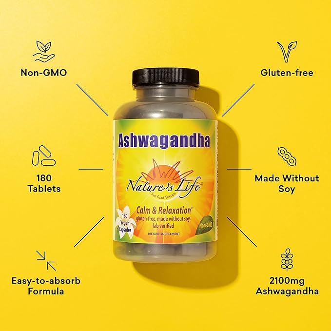 Nature's Life Ashwagandha Capsules 2,100 mg, Pure Ashwagandha Root Extract for Relaxation, Occasional Stress Relief, and Sleep Support, Vegan Ashwagandha Supplements, 45 Servings, 180 Capsules