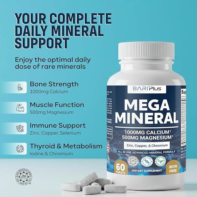 Mega Mineral – Complete Complex with Vitamin D, Calcium, Magnesium, Zinc, Potassium, Boron, Selenium, Chromium & Trace Minerals – Iron-Free – USA Made – 60 Tablets